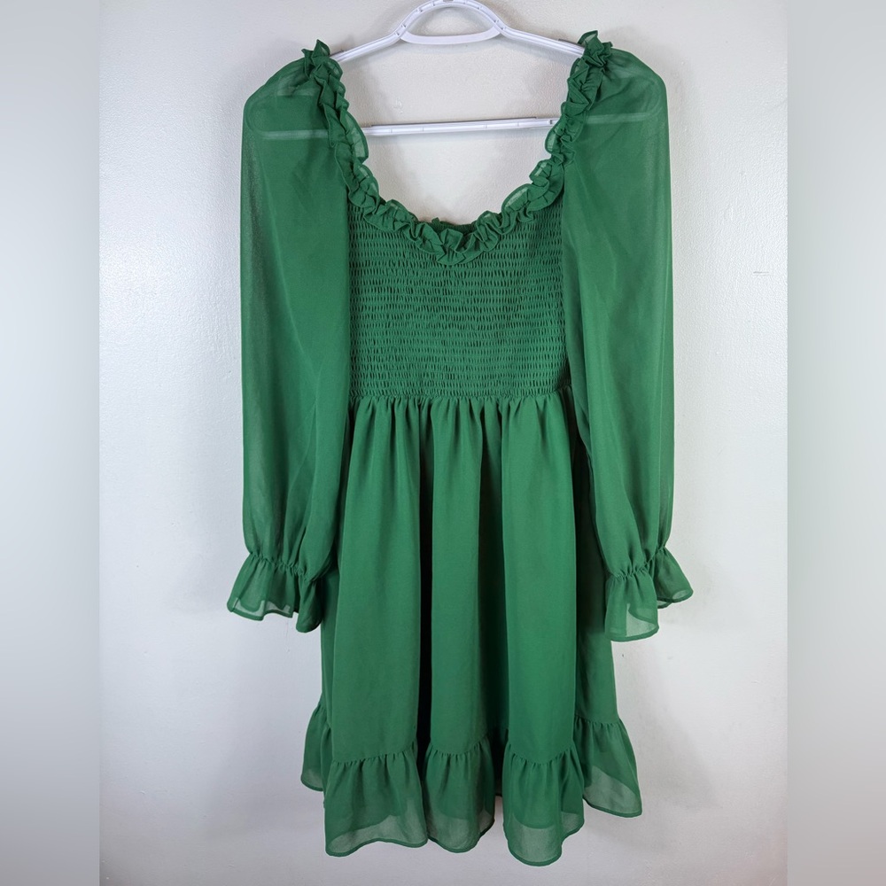 Womens Holiday Party Dress Smocked Green Ruffles Sheer Lined Medium Missing Belt
